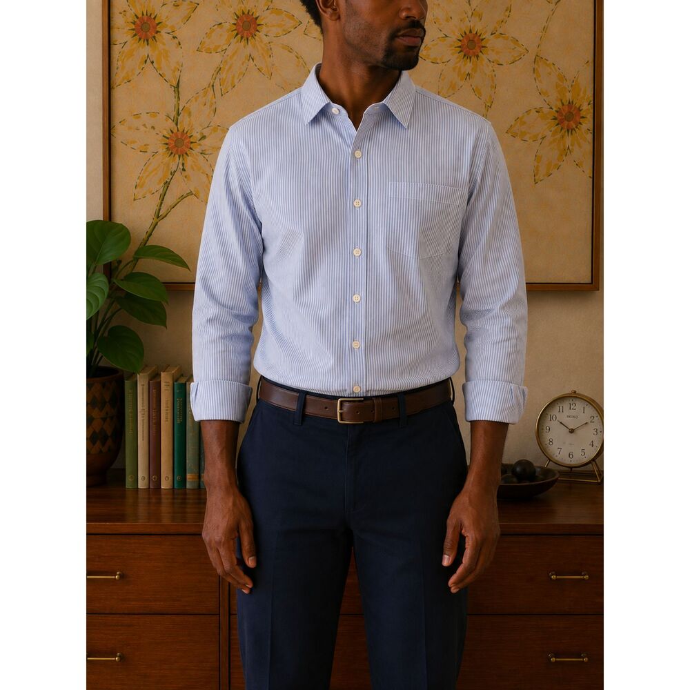 Brooks Brothers Men's Dress Shirt 16.5-35 Blue White Striped Non-Iron Stretch